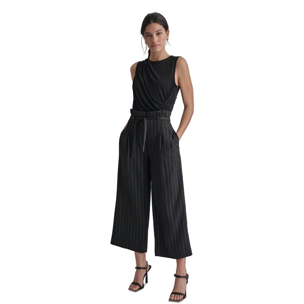 DKNY 14P Black Pinstripe Cropped Wide Leg Pants w/ Belt NWT
